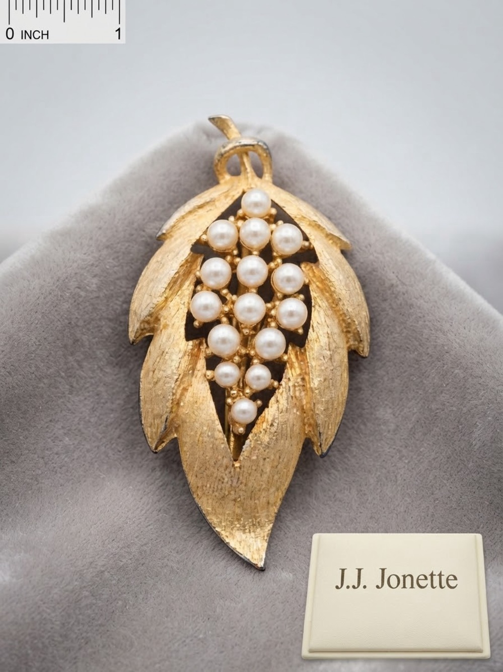 J.J. Jonette Gold-Tone Leaf Brooch with Clustered White Faux Pearls